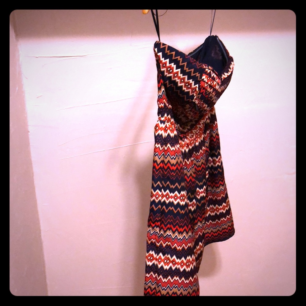 A beautiful geometric strapless mini dress